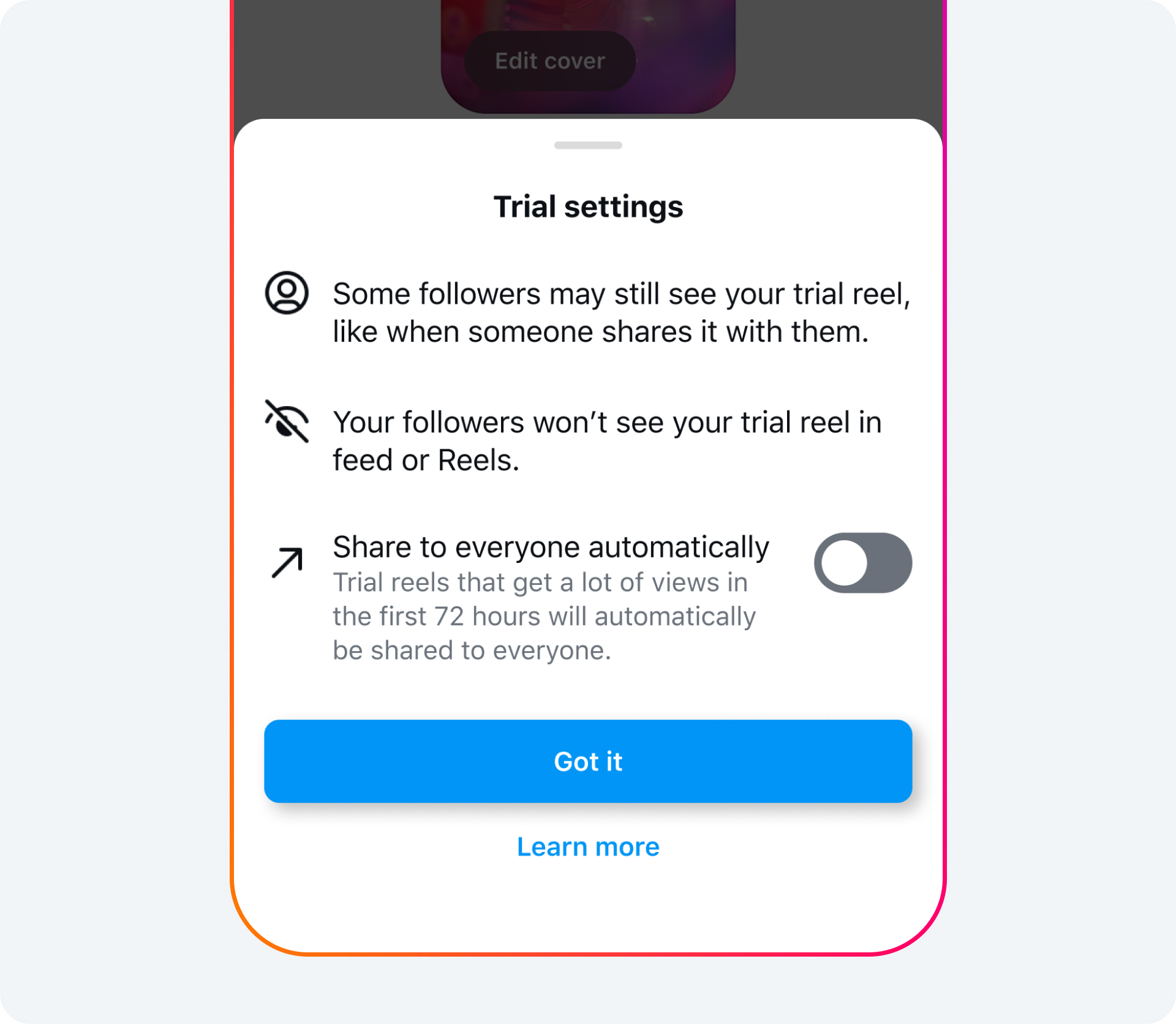 A settings tab displays the details of how trial reels on instagram work.