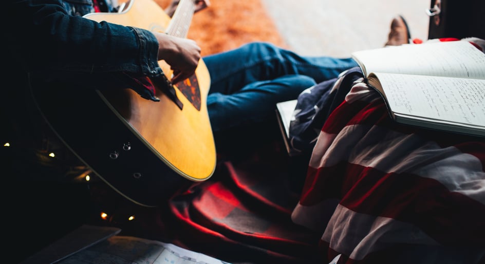  Close up of a person in jeans and cowboy boots playing an acoustic guitar, creating no copyright country music.