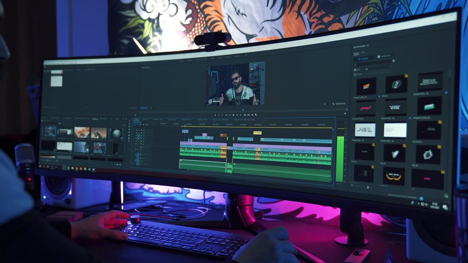  Close up of a wide screen video editing console using an Adobe Premiere Pro extension