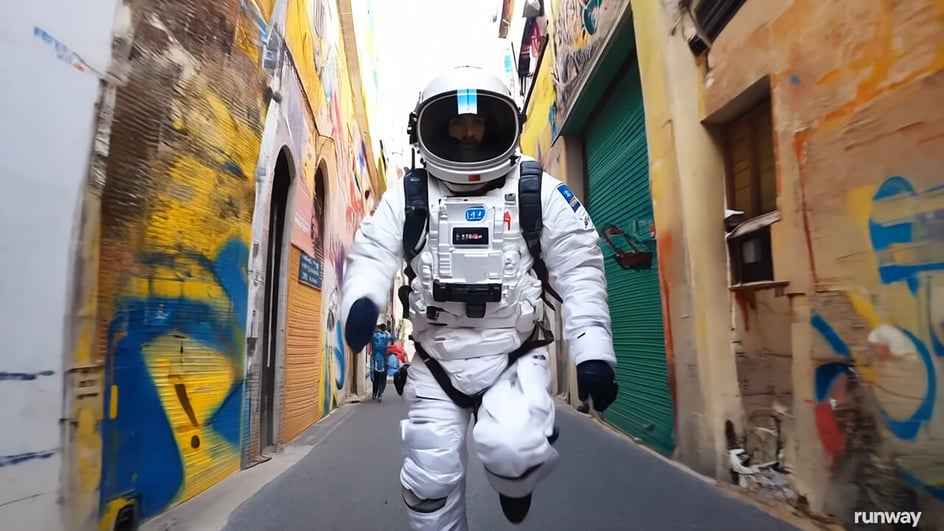  A screen capture showing an astronaut running through a colorful alley was created by the Runway AI text to video generator, one of the best free AI video generators available.