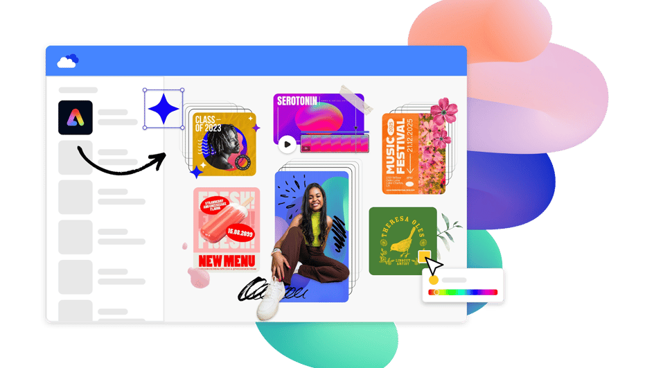  An Adobe Express add-on that provides design templates, shows a series of colorful designs.