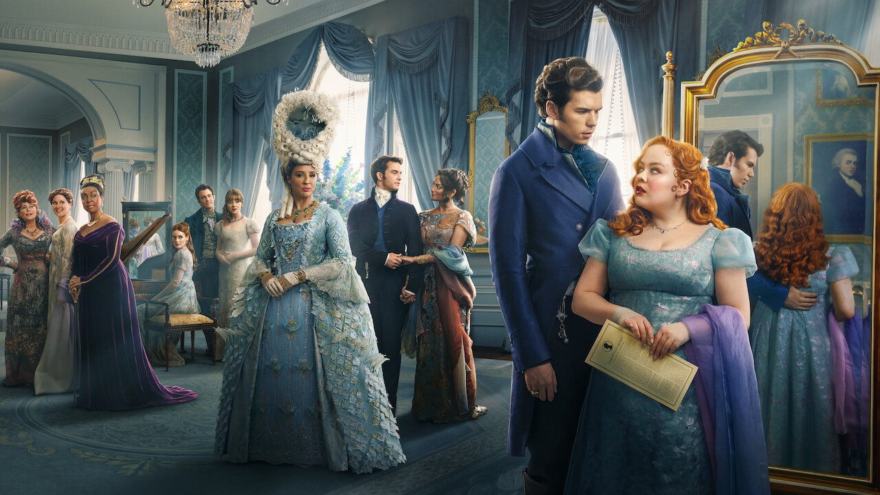 Bridgerton Season 3 cast in elegant attire, enjoying the show's soundtrack from the Soundstripe music sync licensing library.