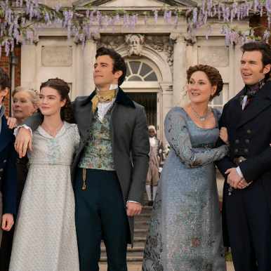 The Bridgerton family in a scene from the show, which offers unique opportunities for music sync licensing partnerships.