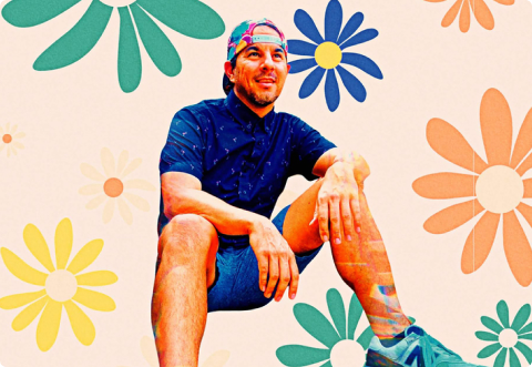 A Soundstripe artist with music available for music sync licensing, sits with colorful floral graphics in the background.