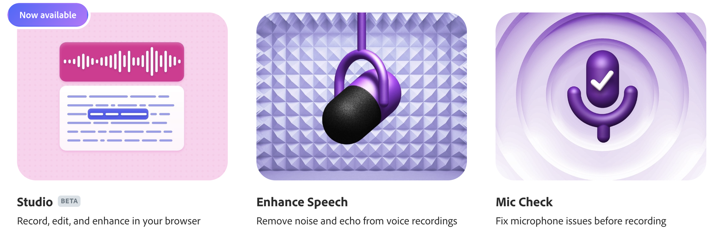 Three pink and purple icons show the AI audio editing tools in the Adobe podcast editing software